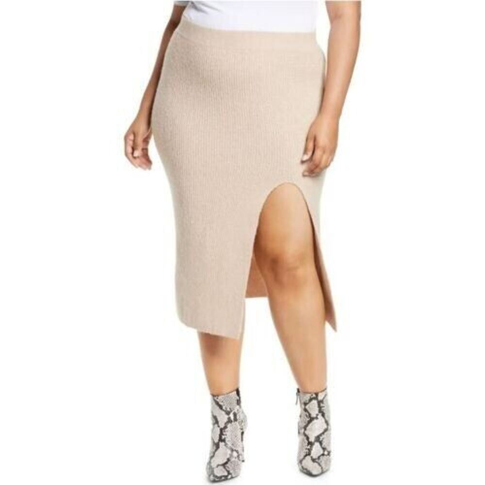 Leith Women's Plus Size Split Sweater Midi Skirt In Tan Memoir 1X MSRP $59
